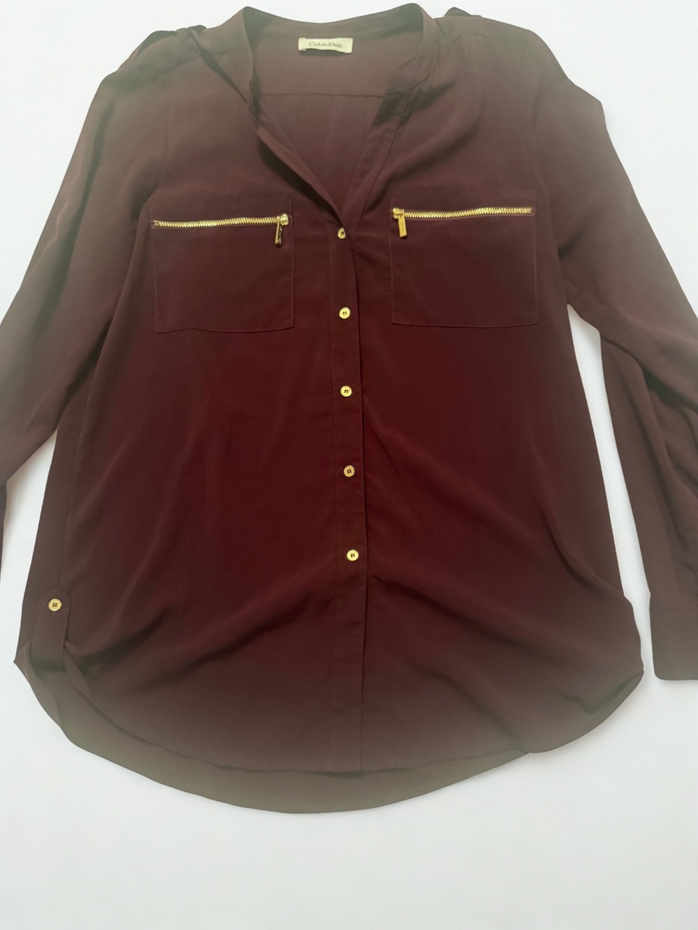 Calvin Klein Women's Maroon Button-Front Blouse with Gold Zipper Pockets